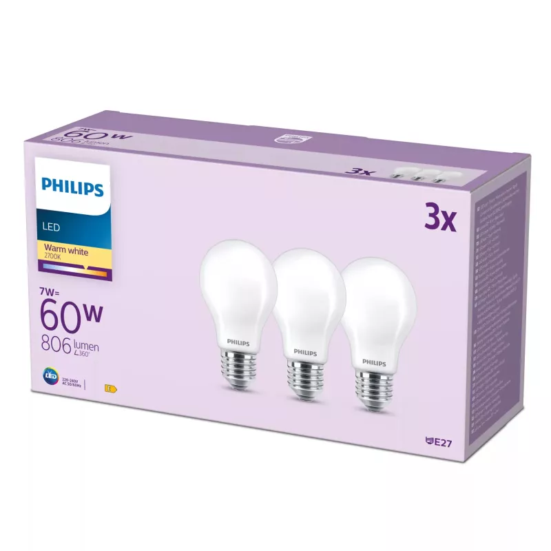 Philips filamentlamp matt 60W A60 E27 x3, 7 W, 60 W, E27, 806 lm, 15000 h, Soe valge