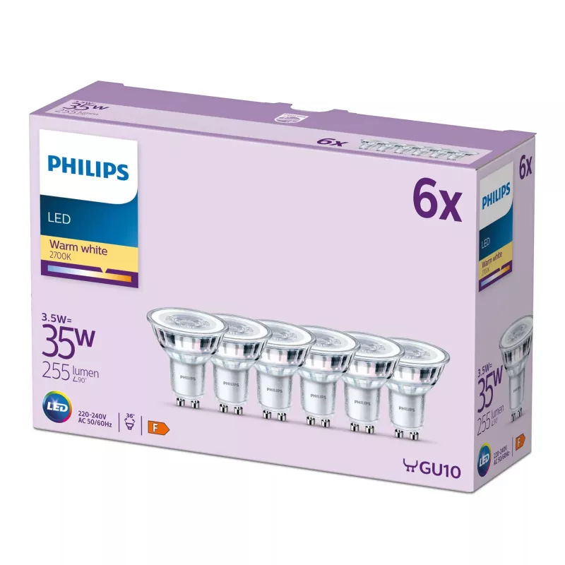 Philips Spot 35W PAR16 GU10 x6, 3,5 W, 35 W, GU10, 255 lm, 15000 h, soe valge