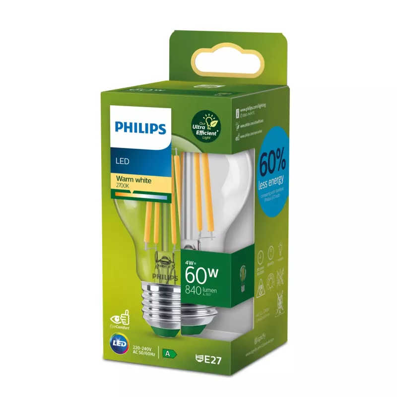 Philips Filament Bulb Clear 60W A60 E27, 4 W, 60 W, E27, 840 lm, 50000 h, Soe valge