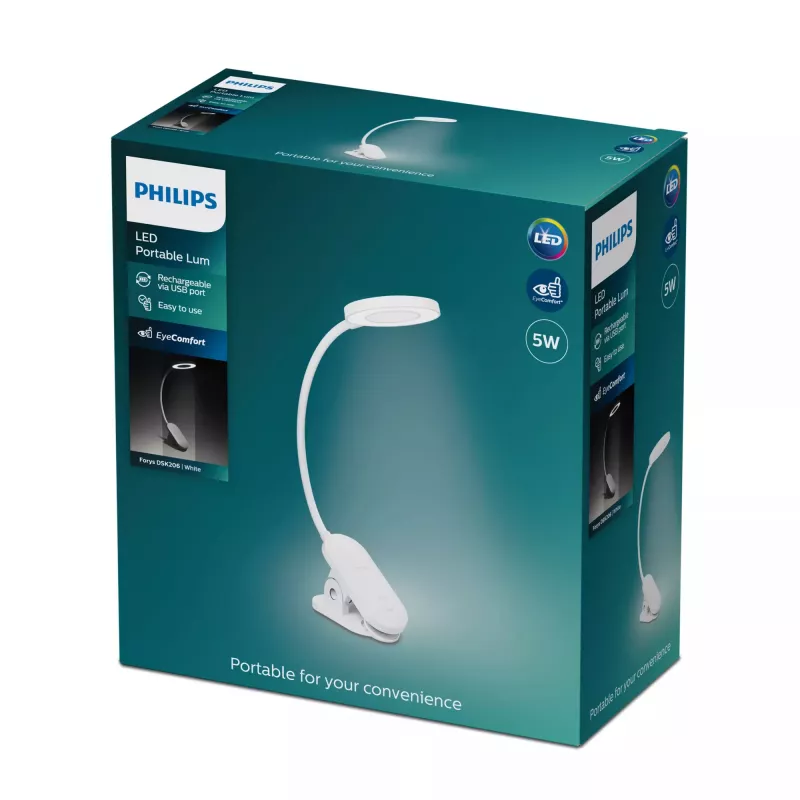 Philips Functional Forys klambriga laualamp, valge, plastik, magamistuba, elutuba, kontor, kaasaegne, IP20, III