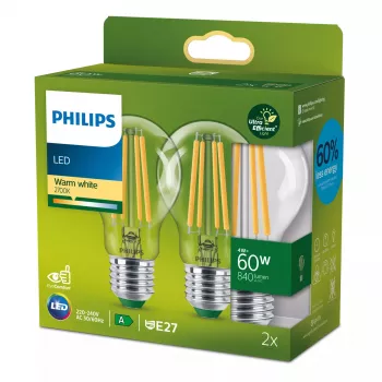 Philips hõõgniidipirn läbipaistev 60W A60 E27 x2, 4 W, 60 W, E27, 840 lm, 50000 h, soe valge
