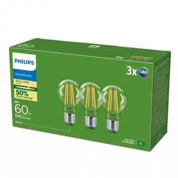 LED-pirn Philips Classic 60W ekvivalent, E27 läbipaistev soe valge, 3 tk pakend, energiaklass A