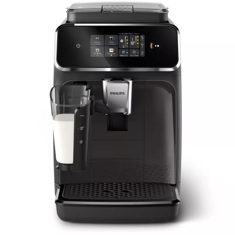 Espressomasin Philips EP2334/10 – täisautomaatne tööpinnal, sisseehitatud keraamiline kohviveski, piimapaak, AquaClean filter, puuteekraan, must