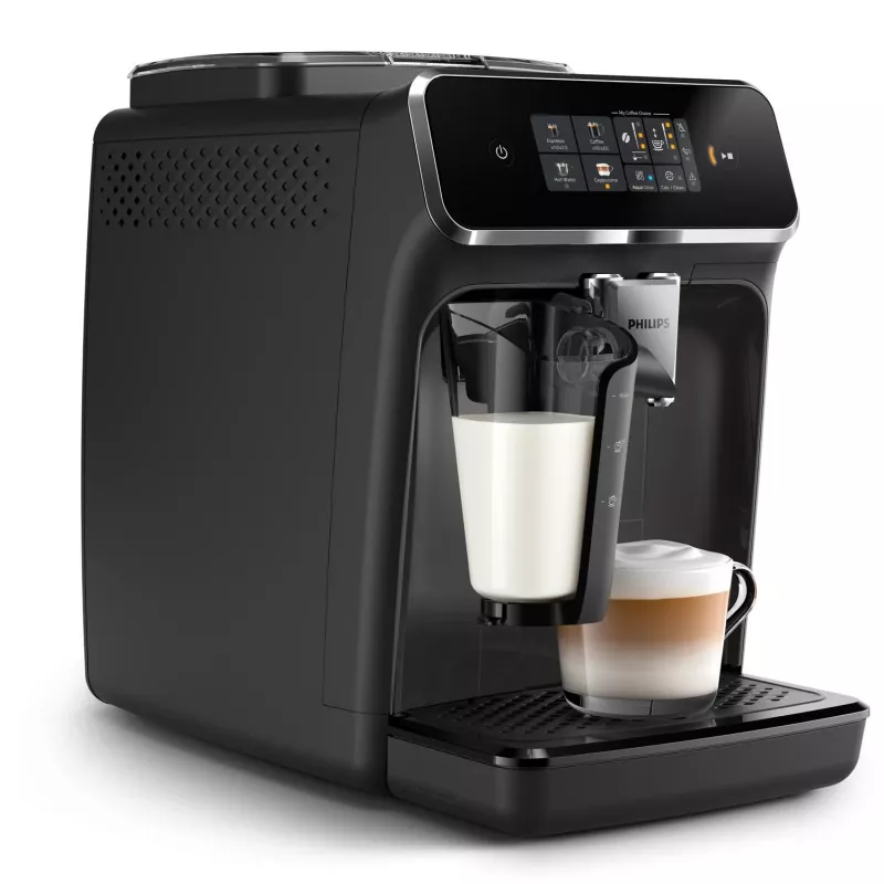 Espressomasin Philips EP2334/10 – täisautomaatne tööpinnal, sisseehitatud keraamiline kohviveski, piimapaak, AquaClean filter, puuteekraan, must