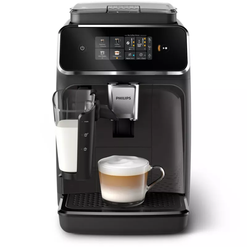 Espressomasin Philips EP2334/10 – täisautomaatne tööpinnal, sisseehitatud keraamiline kohviveski, piimapaak, AquaClean filter, puuteekraan, must