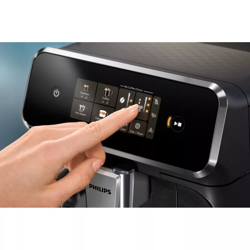 Espressomasin Philips EP2334/10 – täisautomaatne tööpinnal, sisseehitatud keraamiline kohviveski, piimapaak, AquaClean filter, puuteekraan, must