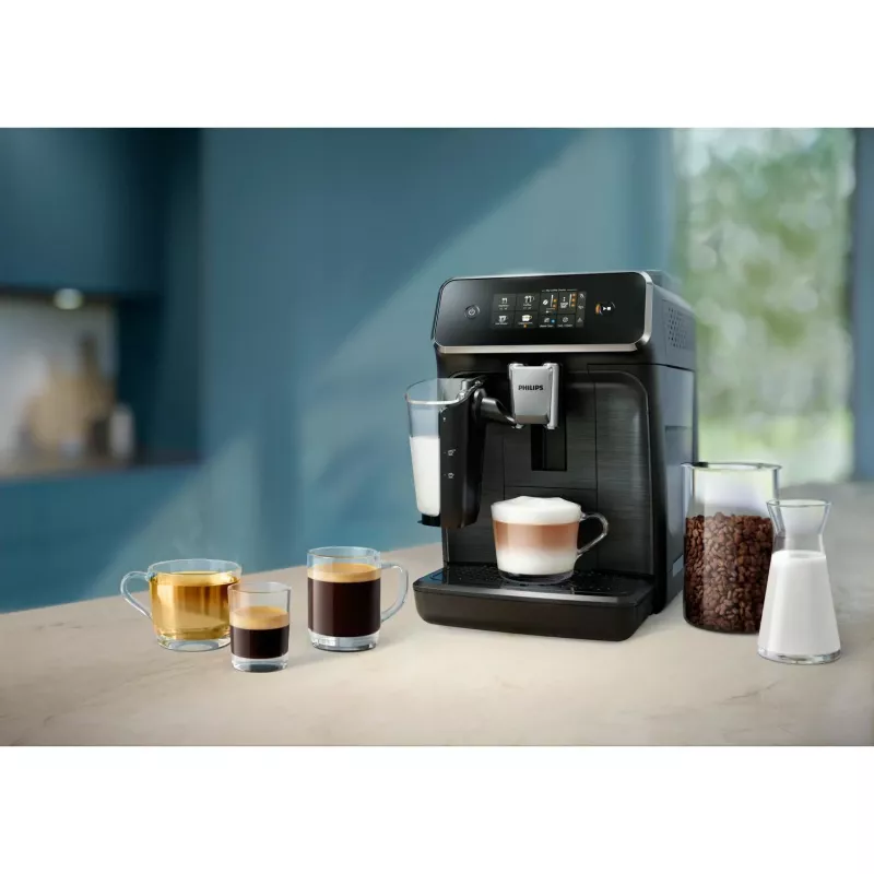 Espressomasin Philips EP2334/10 – täisautomaatne tööpinnal, sisseehitatud keraamiline kohviveski, piimapaak, AquaClean filter, puuteekraan, must