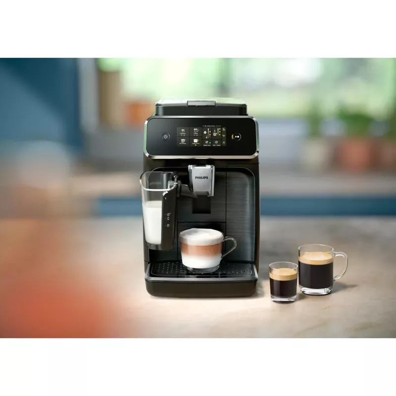 Espressomasin Philips EP2334/10 – täisautomaatne tööpinnal, sisseehitatud keraamiline kohviveski, piimapaak, AquaClean filter, puuteekraan, must