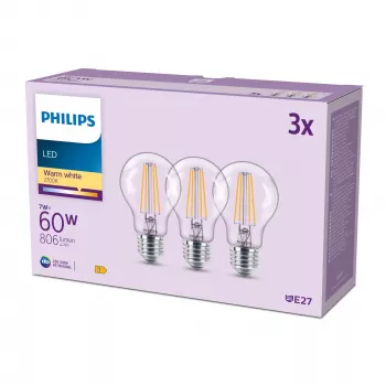 Philips hõõgniidiga pirn selge 60 W A60 E27 x3, 7 W, 60 W, E27, 806 lm, 15000 h, soe valge