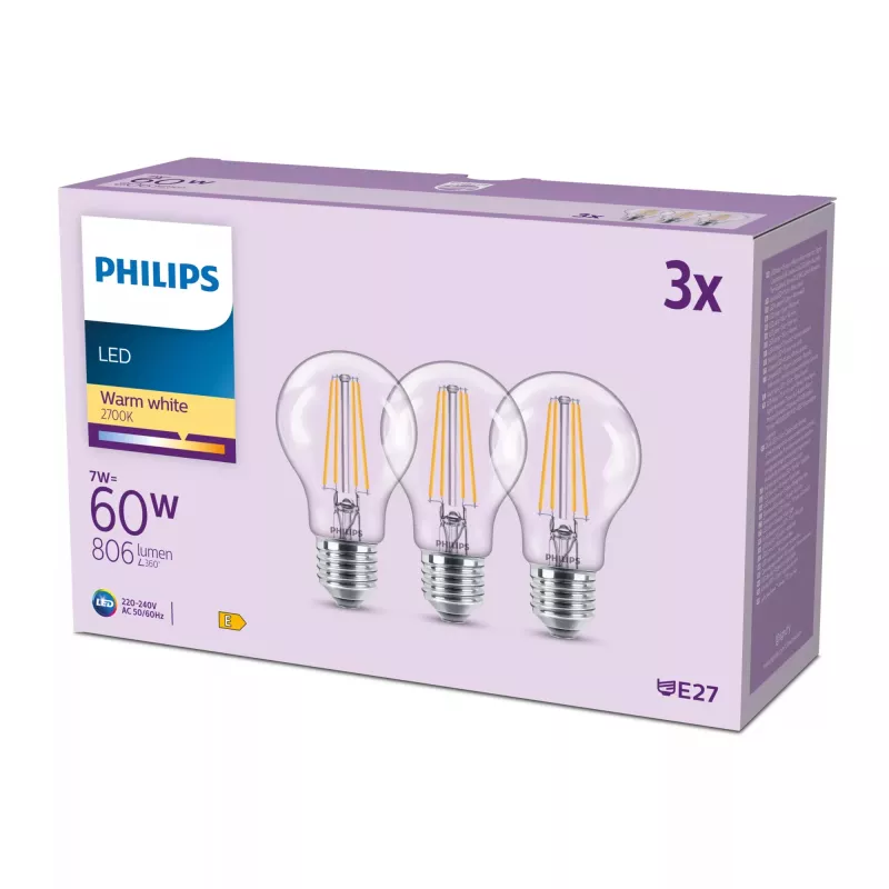 Philips hõõgniidiga pirn selge 60 W A60 E27 x3, 7 W, 60 W, E27, 806 lm, 15000 h, soe valge