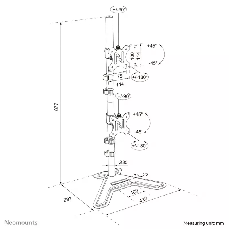 Neomounts kaksikmonitori alus DS45-600BL2V kahele ekraanile 10–32 tolli, VESA 75x75–100x100, max koormus 9 kg, vabaltseisev, must