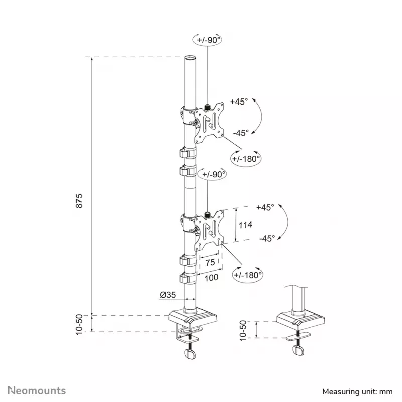 Neomounts DS60-600BL2V kahe monitori käsi 10-32 tolli, klamber/tihend, 9 kg, 25.4 cm (10 tolli), 81.3 cm (32 tolli), 100 x 100 mm, must