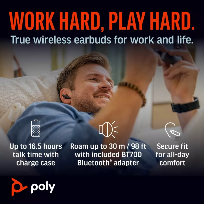 HP Poly Voyager Free 60+ UC Carbon Must Earbuds +BT700 USB-C Adapter +Touchscreen Charge Case