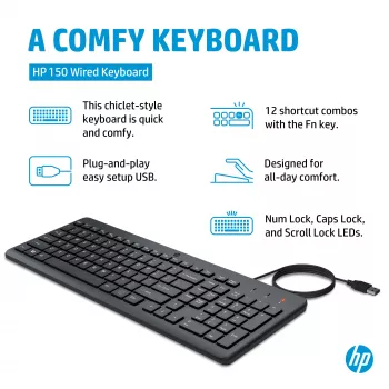 HP 150 juhtmega klaviatuur täissuuruses USB must 664R5AA#ABD