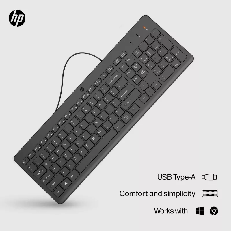 HP 150 juhtmega klaviatuur täissuuruses USB must 1m kaabel
