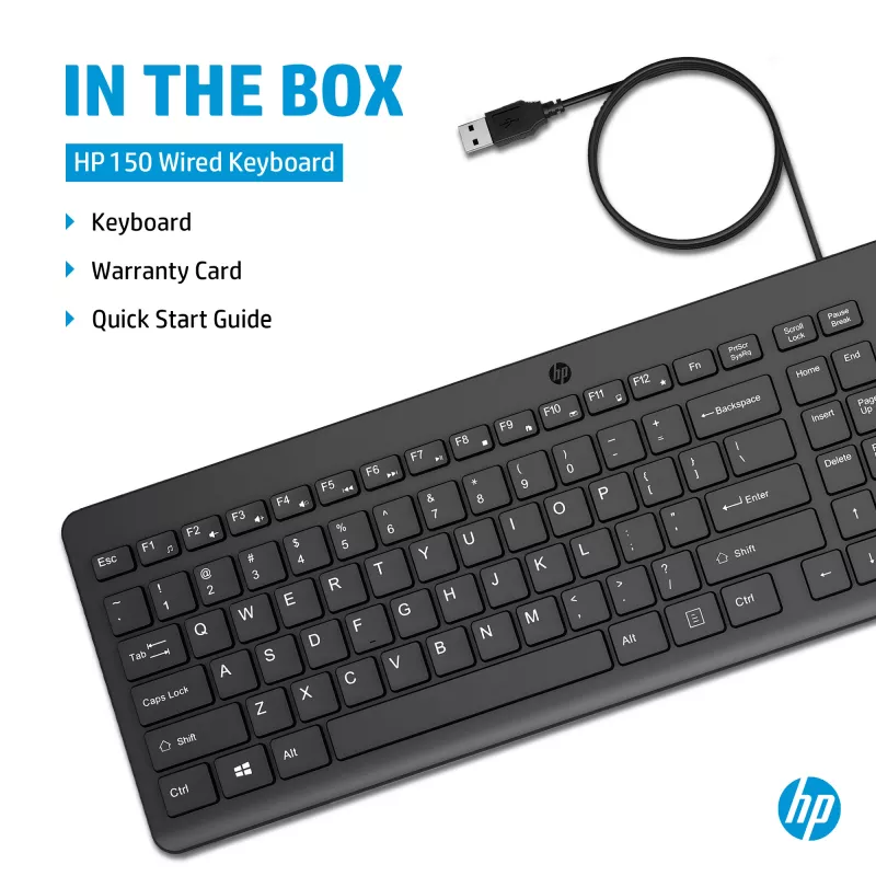 HP 150 juhtmega klaviatuur täissuuruses USB must 1m kaabel