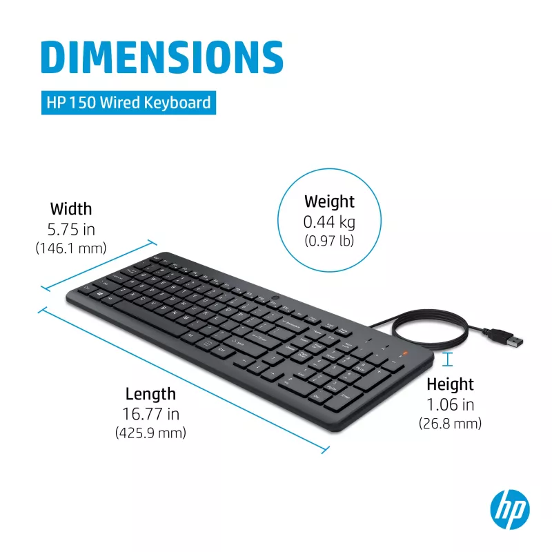 HP 150 juhtmega klaviatuur täissuuruses USB must 1m kaabel