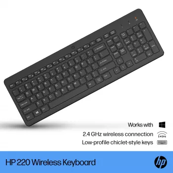 HP 220 juhtmevaba klaviatuur — täissuuruses (100%), RF-juhtmevaba, membraan, must