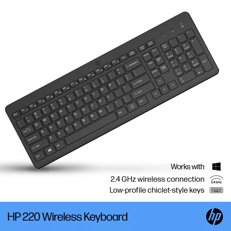 HP 220 juhtmevaba klaviatuur — täissuuruses (100%), RF-juhtmevaba, membraan, must