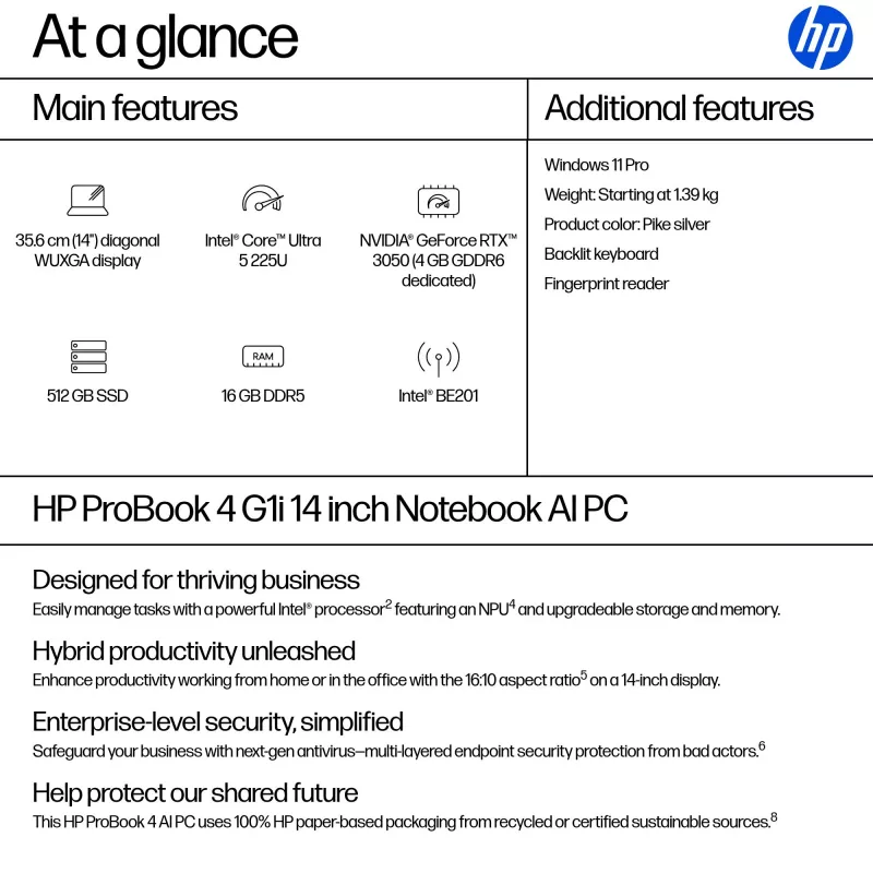 Sülearvuti HP ProBook 4 G1i AI PC 14 tolli Intel Core Ultra 5 16GB 512GB Intel Graphics Windows 11 Pro
