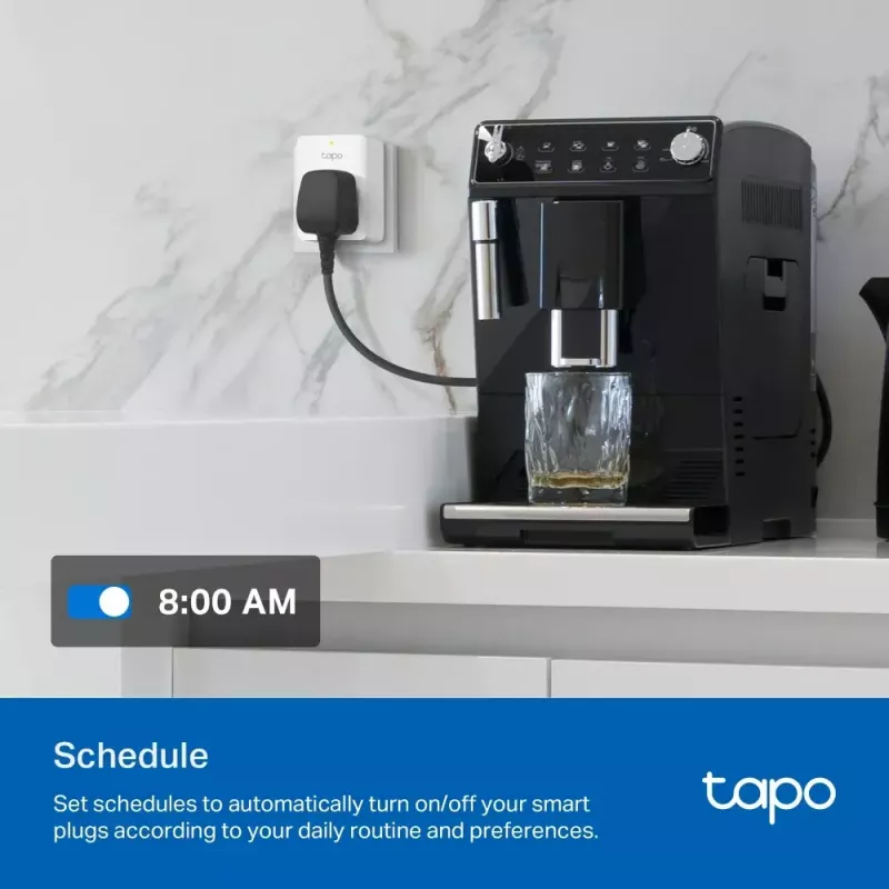 TP‑Link Tapo Mini P110M nutipistik — siseruumides kasutatav Wi‑Fi/Bluetooth nutipistikupesa, 16 A, 100–240 V, 3680 W, valge