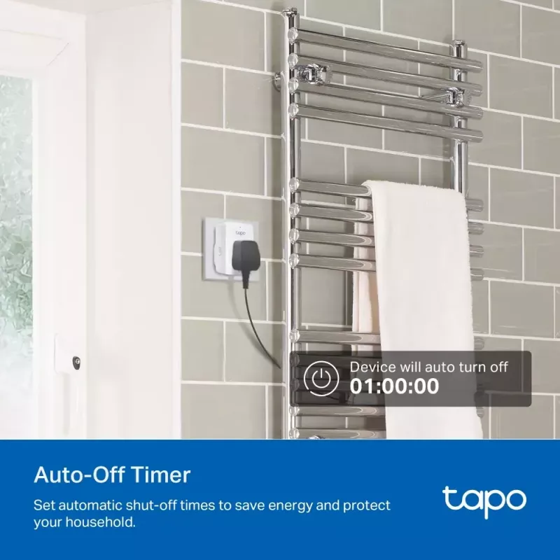 TP‑Link Tapo Mini P110M nutipistik — siseruumides kasutatav Wi‑Fi/Bluetooth nutipistikupesa, 16 A, 100–240 V, 3680 W, valge