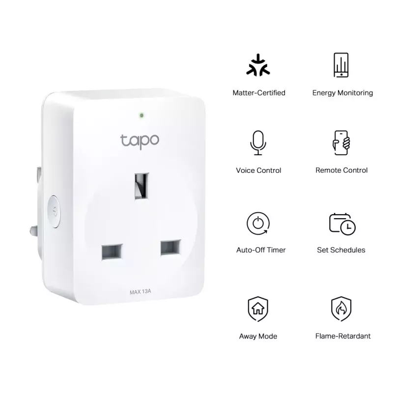 TP‑Link Tapo Mini P110M nutipistik — siseruumides kasutatav Wi‑Fi/Bluetooth nutipistikupesa, 16 A, 100–240 V, 3680 W, valge