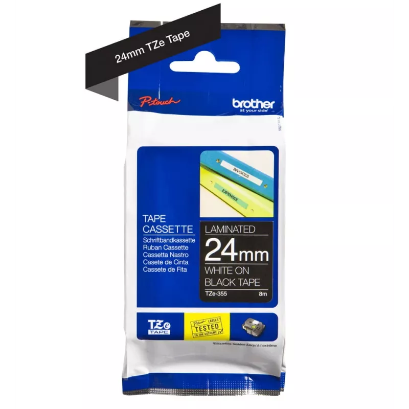 Sildilint Brother TZe355 24 mm valge mustal taustal