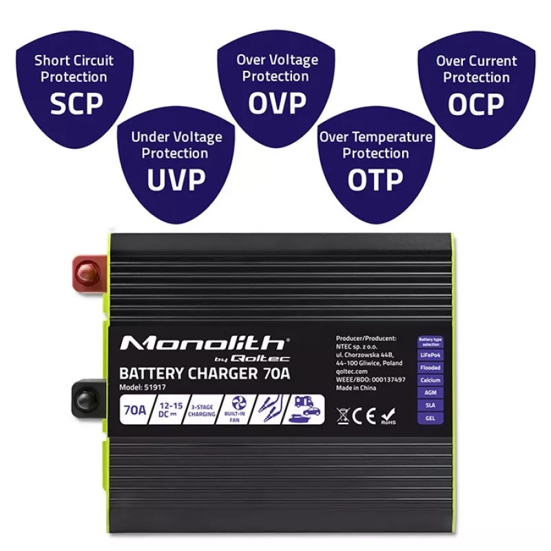 Akulaadija QOLTEC 51917 LiFePO4/AGM/GEL/SLA akudele, 70 A väljund