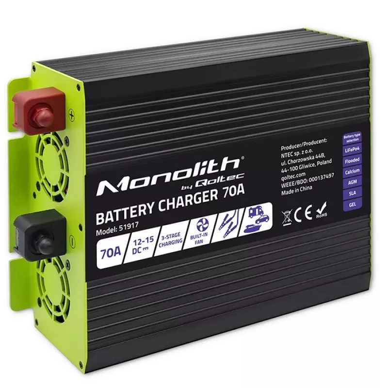 Akulaadija QOLTEC 51917 LiFePO4/AGM/GEL/SLA akudele, 70 A väljund