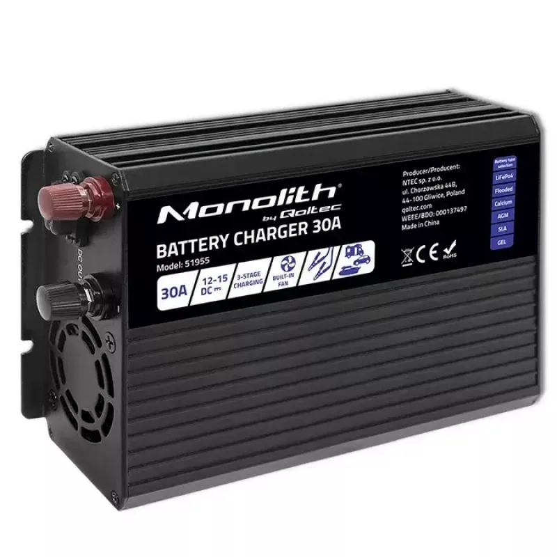 Akulaadija QOLTEC 51955 — 30A 12V LiFePO4, AGM, GEL, SLA akudele