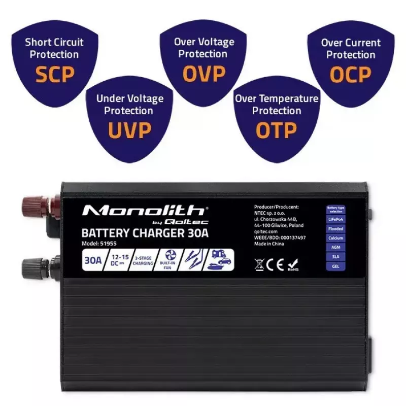 Akulaadija QOLTEC 51955 — 30A 12V LiFePO4, AGM, GEL, SLA akudele