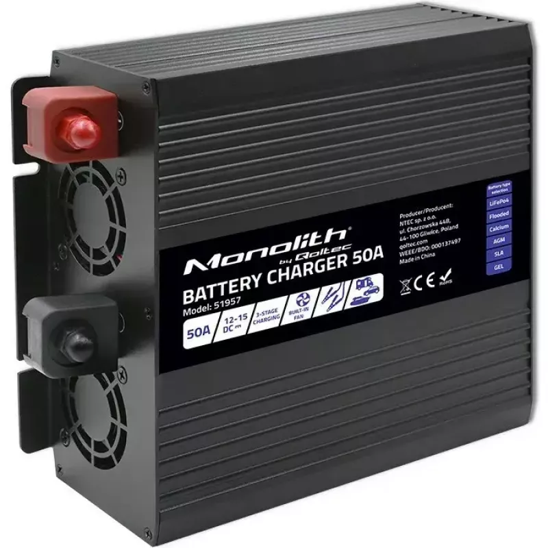 Akulaadija QOLTEC 51957 50A 12V LiFePO4, AGM, GEL, SLA akudele