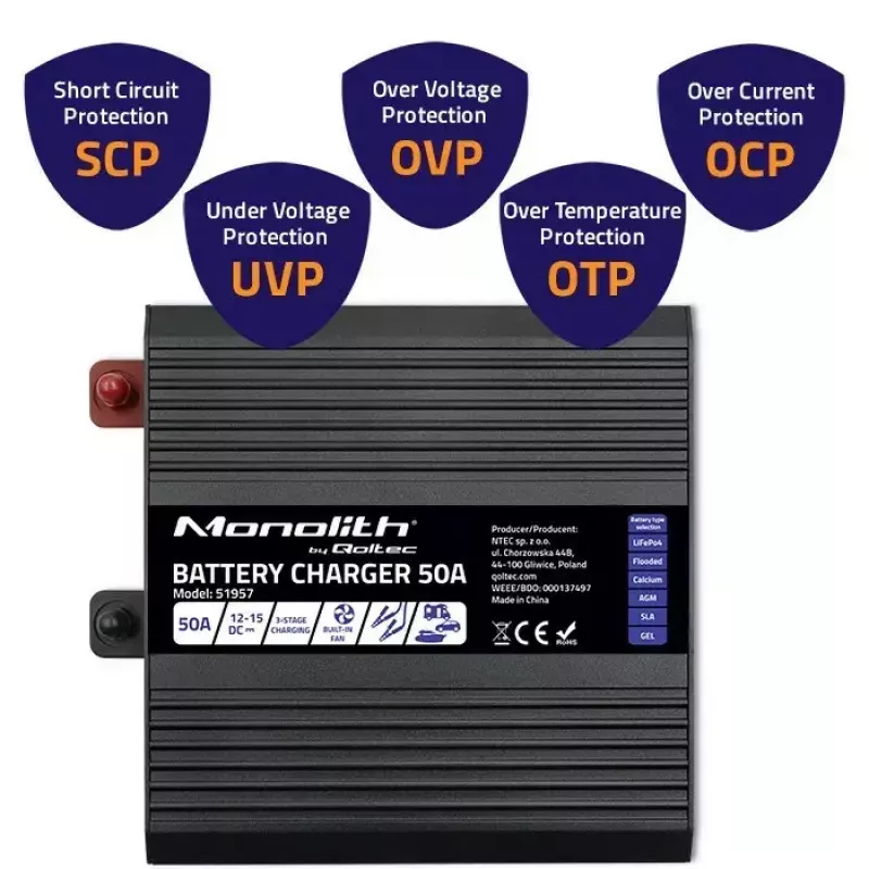 Akulaadija QOLTEC 51957 50A 12V LiFePO4, AGM, GEL, SLA akudele