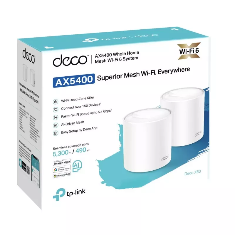 Juhtmevaba ruuter | TP-LINK | Juhtmevaba ruuter | 2-pack | 5400 Mbit/s | Võrk | IEEE 802.11a | IEEE 802.11n | IEEE 802.11ac | IEEE 802.11ax | 2x10/100/1000M | DECOX60(2-PACK)