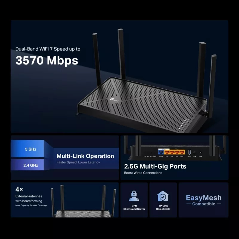 TP-Link Archer BE3600 traadita ruuter 2,5 Gigabit Ethernet kaheribaline (2,4 GHz / 5 GHz) Must