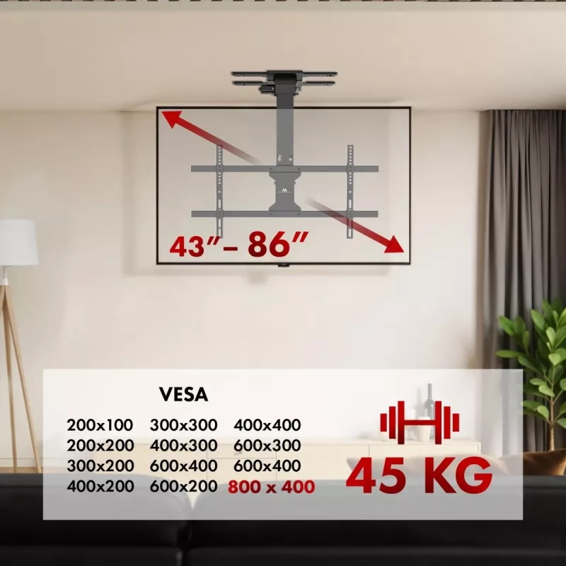 Laekinnitus MACLEAN MC-110 T teleritele 43–86 tolli, VESA kuni 800×400, max koormus 45 kg