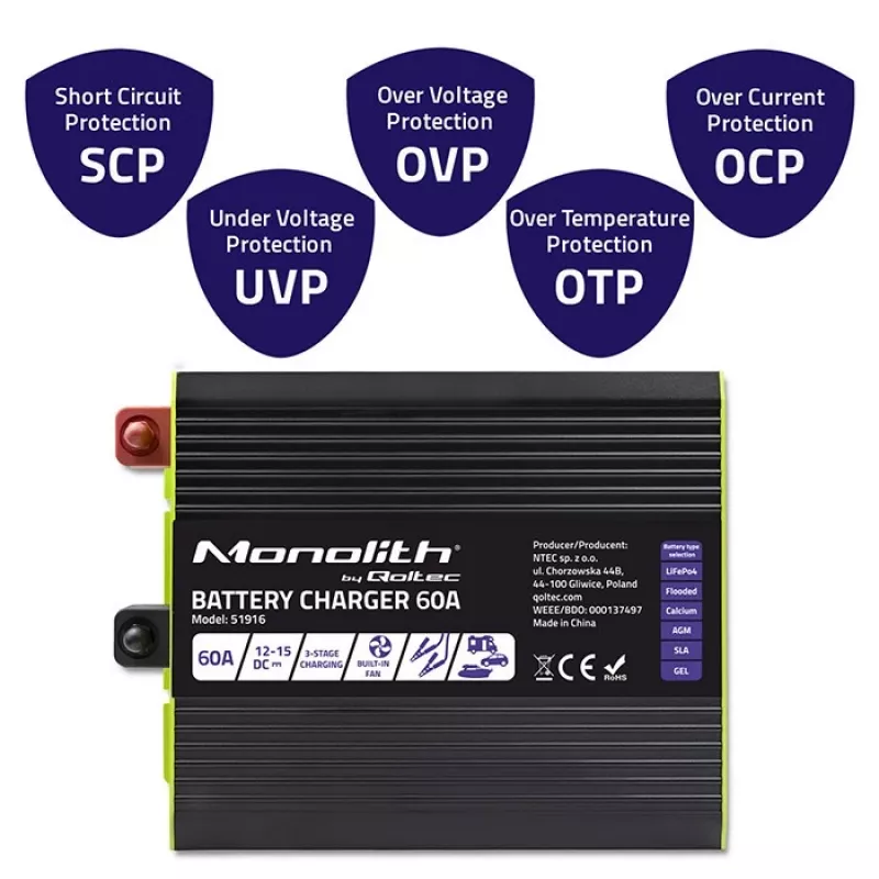 akulaadija QOLTEC 51916 60A 12V for LiFePO4, AGM, GEL, SLA batteries
