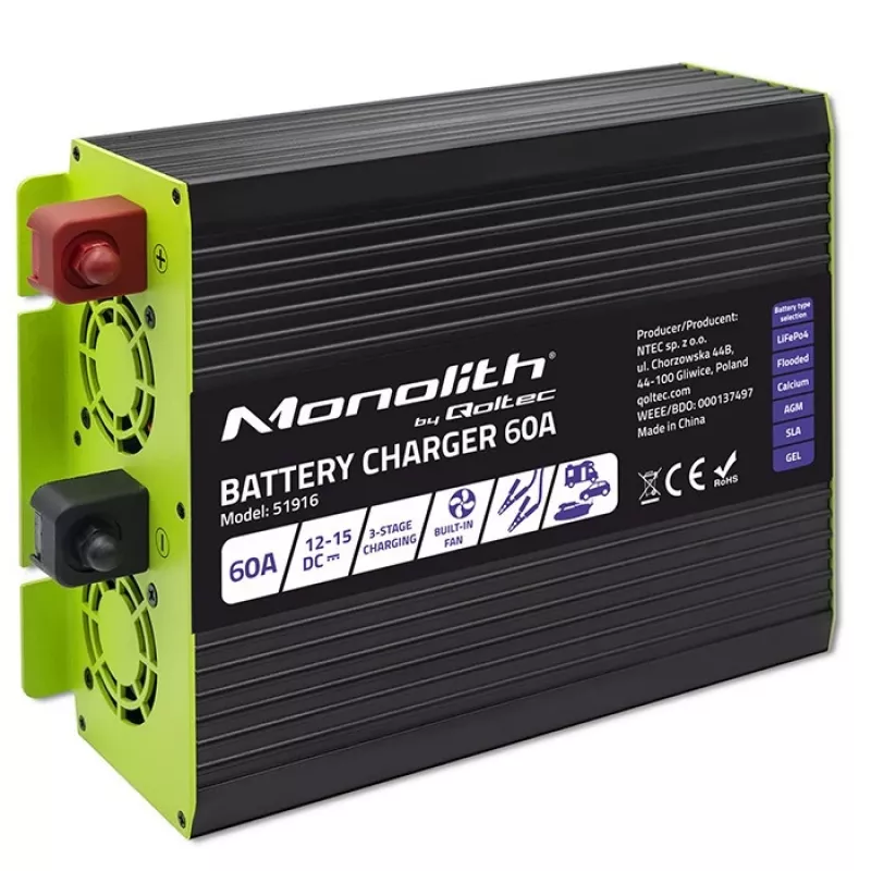 akulaadija QOLTEC 51916 60A 12V for LiFePO4, AGM, GEL, SLA batteries