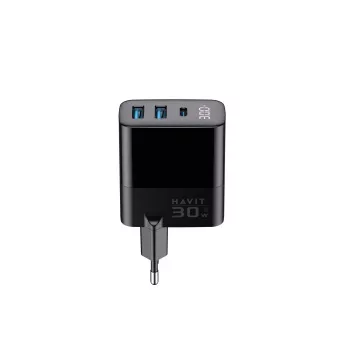 Laadija HAVIT UCLE001 EU GaN kolme pordiga 30 W must — kompaktne USB-laadija 3 pordiga