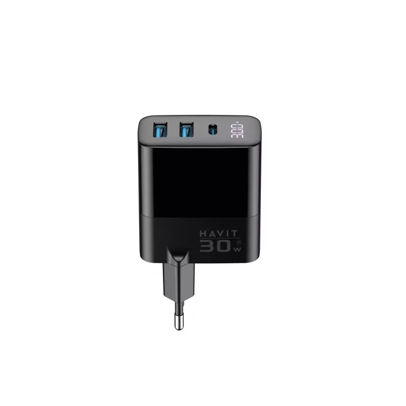 Laadija HAVIT UCLE001 EU GaN kolme pordiga 30 W must — kompaktne USB-laadija 3 pordiga