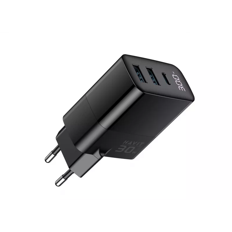 Laadija HAVIT UCLE001 EU GaN kolme pordiga 30 W must — kompaktne USB-laadija 3 pordiga