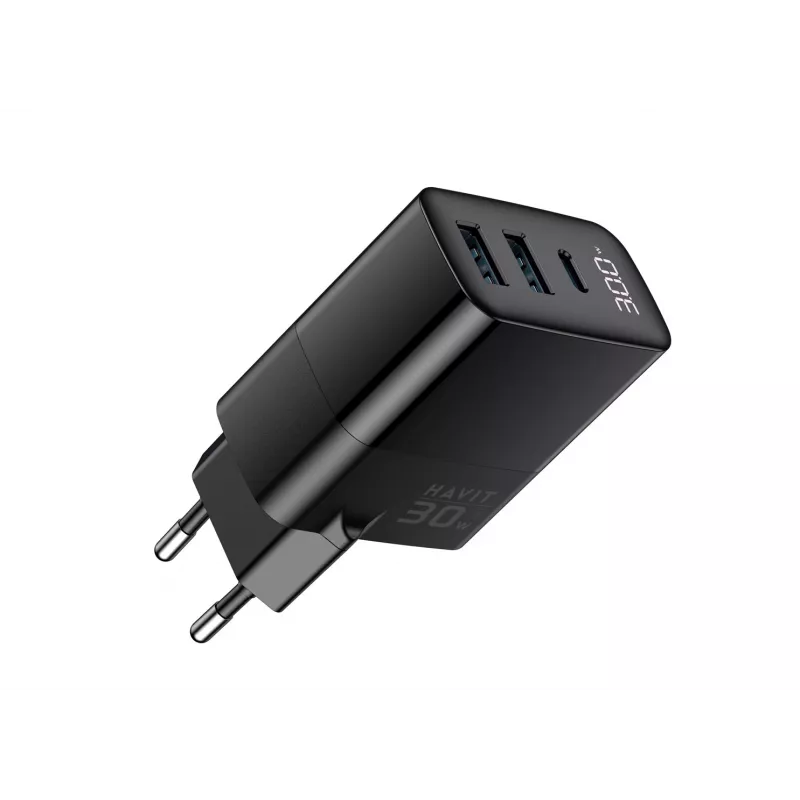 Laadija HAVIT UCLE001 EU GaN kolme pordiga 30 W must — kompaktne USB-laadija 3 pordiga