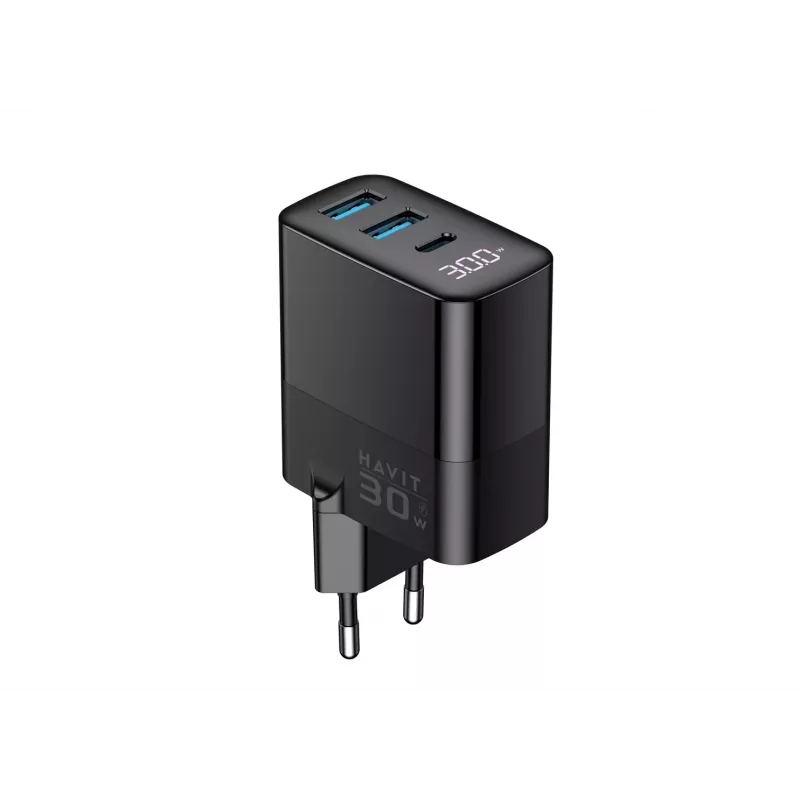 Laadija HAVIT UCLE001 EU GaN kolme pordiga 30 W must — kompaktne USB-laadija 3 pordiga