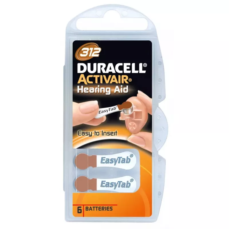 Nööpelemendid Duracell A312 tsink-õhk, 6 tk pakendis kuuldeaparaatidele ja väikestele heliseadmetele