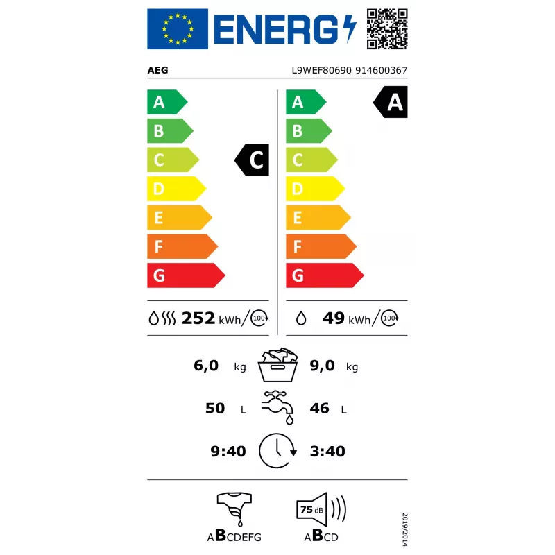 Pesumasin-kuivati AEG L9WEF80690 eestlaetav eraldiseisev 6 kg pesu ja kuivatamine, 1551 p/min, soojuspump, valge