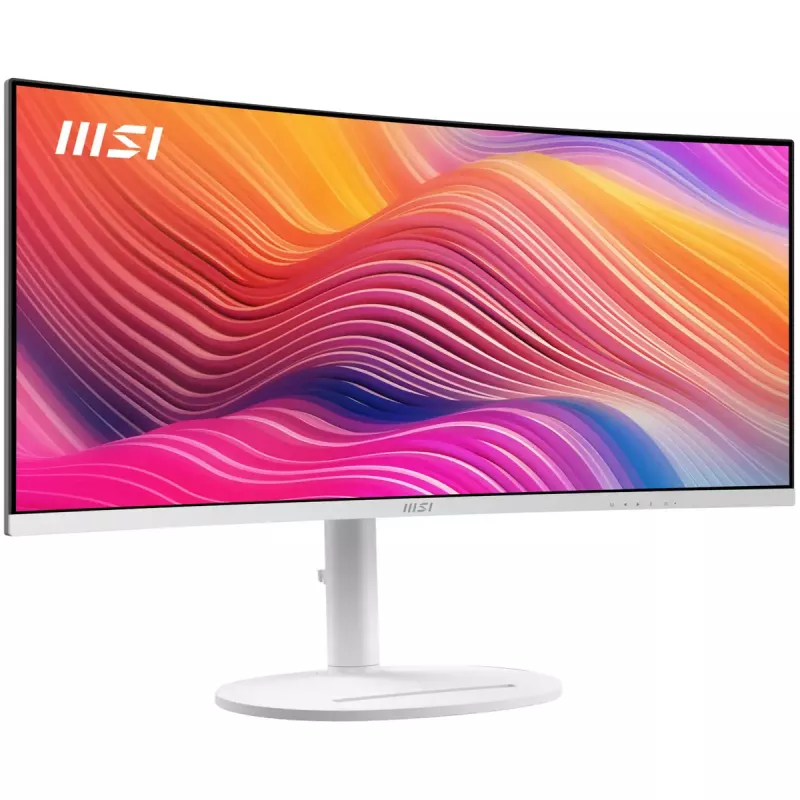 34-tolline MSI Modern MD342CQPWDE kumer VA LCD-kuvar 3440×1440 UWQHD 21:9, 4 ms, 300 cd/m², USB-jaotur, kõlarid, VESA, kõrgusega reguleeritav — Valge