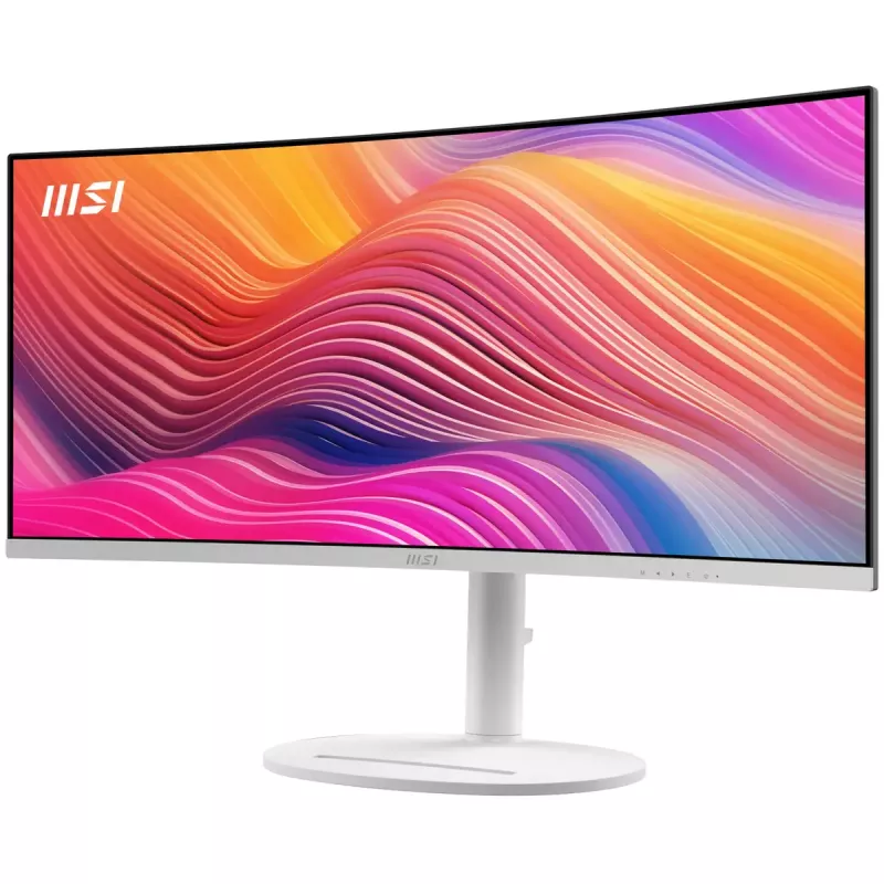 34-tolline MSI Modern MD342CQPWDE kumer VA LCD-kuvar 3440×1440 UWQHD 21:9, 4 ms, 300 cd/m², USB-jaotur, kõlarid, VESA, kõrgusega reguleeritav — Valge