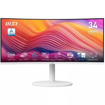 34-tolline MSI Modern MD342CQPWDE kumer VA LCD-kuvar 3440×1440 UWQHD 21:9, 4 ms, 300 cd/m², USB-jaotur, kõlarid, VESA, kõrgusega reguleeritav — Valge