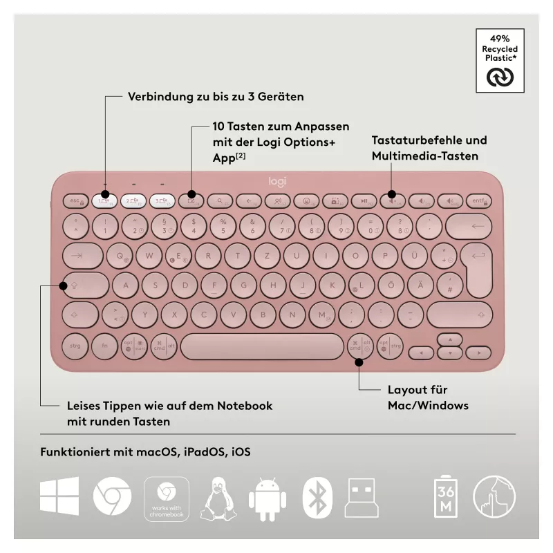 Logitech Pebble 2 Combo klaviatuur ja hiir komplektis universaalne RF-juhtmevaba + Bluetooth QWERTZ saksa roosa (920-012205)